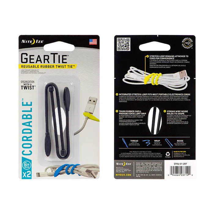 Gear Tie® Cordable™ Twist Tie 6 in. - 2 Pack - Black